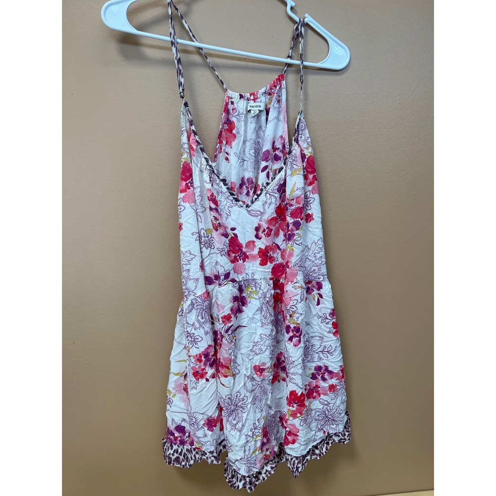 Kensie Floral Leopard Trim Romper Pink Purple White Halter Neck Medium